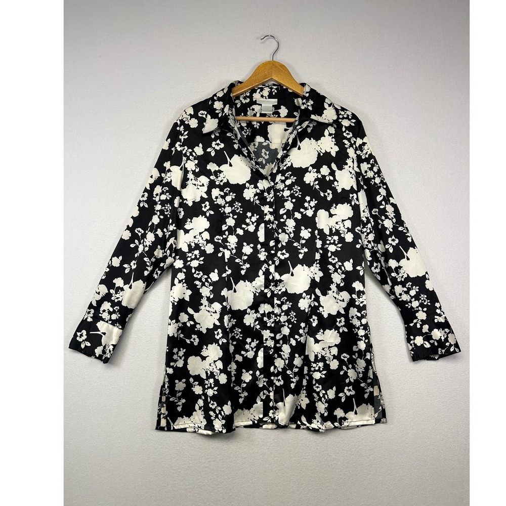 Dark Floral Office Siren Worthington Women XL Black White Satin Stretch Blouse